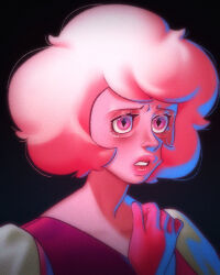  1girl animification colored_skin diamond-shaped_pupils diamond_(shape) enigmaobscurius eyelashes fluffy_hair gem_(steven_universe) gloves highres pink_diamond_(steven_universe) pink_gloves pink_hair pink_skin short_hair solo steven_universe symbol-shaped_pupils 