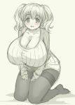  1girl blush breasts cleavage gigantic_breasts greyscale jewelry kneeling legs looking_at_viewer monochrome necklace nitroplus pantyhose pas_(paxiti) ribbed_sweater short_twintails solo star_necklace super_pochaco sweater thighband_pantyhose thighs twintails 