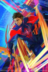  1boy animal_print arm_blade blue_bodysuit bodysuit commentary dark-skinned_male dark_skin english_commentary glowing_bodysuit hair_slicked_back highres male_focus marvel miguel_o'hara multicolored_bodysuit muscular muscular_male print_bodysuit red_bodysuit solo spider-man:_across_the_spider-verse spider-man_(2099) spider-man_(series) spider-verse spider_print two-tone_bodysuit warldou weapon 