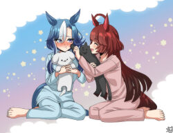  2girls admire_groove_(umamusume) ahoge animal animal_ears barefoot blue_eyes blue_hair blue_pajamas blue_pants blue_shirt blunt_bangs blush breasts cat closed_eyes closed_mouth color_neko commentary_request dog ear_covers heterochromia highres holding holding_animal holding_cat holding_dog horse_ears horse_girl horse_tail long_hair long_sleeves mole mole_under_mouth multicolored_hair multiple_girls open_mouth pajamas pants pink_pajamas pink_pants pink_shirt red_desire_(umamusume) red_hair shirt short_hair_with_long_locks sitting smile star_(symbol) streaked_hair tail umamusume violet_eyes white_hair white_streaks yokozuwari 