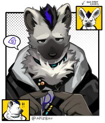  ! !! 1boy absurdres anger_vein apizbau arknights artist_name black_hair black_jacket chibi claws closed_mouth commentary ear_piercing english_commentary english_text eyebrow_piercing face_piercing furry furry_male grey_fur grey_shirt highres hyena_boy hyena_ears index_fingers_together infection_monitor_(arknights) jacket looking_at_viewer looking_to_the_side male_focus multicolored_hair multiple_views piercing shirt spoken_squiggle spot_(arknights) squiggle streaked_hair sweatdrop twitter_username 