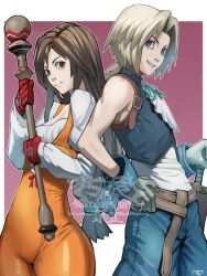  1boy 1girl 5tatsu aqua_ribbon artist_name belt blonde_hair blue_eyes blue_pants blue_vest blue_wrist_cuffs bodysuit border breasts brown_belt brown_eyes brown_hair closed_mouth cowboy_shot cropped_vest final_fantasy final_fantasy_ix garnet_til_alexandros_xvii gloves grey_gloves hair_ornament hairclip hand_on_own_hip highres holding holding_staff juliet_sleeves long_hair long_sleeves looking_at_viewer low-tied_long_hair low_ponytail medium_breasts neck_ribbon orange_bodysuit pants parted_bangs parted_lips pink_background ponytail puffy_sleeves red_gloves ribbon shirt sleeveless sleeveless_shirt smile staff teeth vest white_border white_shirt wrist_cuffs zidane_tribal 