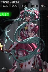  aqua_hair blood blood_on_clothes blood_on_face blood_on_hand bow bowtie dress hatsune_miku highres holding holding_staff ima_sugu_rinne_(vocaloid) lightsong long_hair pink_dress staff twintails very_long_hair vocaloid 