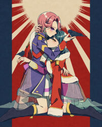  2girls alternate_eye_color bad_id bad_pixiv_id bird bird_on_hand black_boots blue_hair boots coat curtained_hair ear_piercing en_or epaulettes from_side full_body fur-trimmed_jacket fur_trim half-closed_eyes hanayagi_kaoruko hand_on_another's_head hand_up isurugi_futaba jacket jacket_on_shoulders knee_boots kneeling lapels leaning_on_person long_sleeves looking_at_viewer looking_to_the_side multiple_girls outside_border parted_bangs piercing pillarboxed pink_hair pleated_skirt profile purple_coat red_background red_jacket red_sash sash see-through_clothes see-through_veil short_hair shoujo_kageki_revue_starlight shoulder_sash single_horizontal_stripe skirt striped_clothes striped_skirt sunburst sunburst_background two-tone_background veil violet_eyes waist_cape white_skirt yellow_background yellow_eyes yellow_trim yuri 