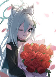  1girl absurdres ahoge animal_ear_fluff animal_ears aqua_halo aworuw1137 black_choker black_shrug blue_archive blue_eyes bouquet bright_pupils broken_halo choker commentary cross cross_hair_ornament falling_petals flower grey_hair hair_ornament halo happy_tears highres holding holding_bouquet inverted_cross long_hair looking_at_viewer one_eye_closed petals red_flower red_rose rose shiroko_terror_(blue_archive) shrug_(clothing) simple_background smile solo tears untranslatable_commentary upper_body white_background white_pupils wolf_ears wolf_girl 