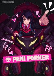  1girl absurdres artist_name backpack bag black_hair brown_eyes character_name hair_ornament heart heart_sticker highres hood hooded_jacket jacket marvel marvel_tokon:_fighting_souls mecha necktie peni_parker posing robot school_uniform shirt short_hair sp//dr sticker victoria_mikoto white_shirt 