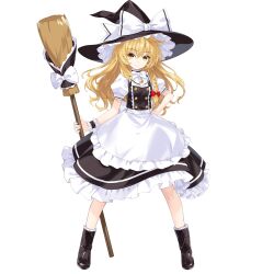  1girl apron black_vest blonde_hair boots bow braid broom closed_mouth dot_nose embellished_costume game_asset hair_bow hand_on_own_hip hat hat_bow highres hirano_katsuyuki holding holding_broom kirisame_marisa long_hair looking_at_viewer non-web_source official_art puffy_short_sleeves puffy_sleeves self-datamine short_sleeves side_braid simple_background single_braid smile solo touhou touhou_spell_carnival transparent_background vest waist_apron white_apron white_bow witch_hat yellow_eyes 