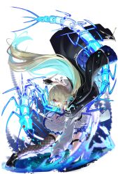  0221_mirai 1girl ahoge ankle_boots aqua_hair belt black_belt black_boots black_coat black_gloves black_thighhighs blonde_hair blowing_whistle blue_coat blue_necktie boots bug call_of_cthulhu centipede coat coat_on_shoulders collared_coat colored_inner_hair commentary cross cross_earrings dagger dynamic_pose earrings fighting_stance fishnet_thighhighs fishnets floating_clothes floating_hair floral_print fork frilled_skirt frilled_sleeves frills full_body gloves godarca hair_between_eyes hair_intakes hand_on_ground hand_up highres holding holding_dagger holding_knife holding_weapon huge_ahoge jellyfish_cut jewelry knife leaning_forward light_particles long_hair long_sleeves looking_at_viewer military_uniform miniskirt multicolored_hair necktie on_one_knee outstretched_leg padded_coat partially_fingerless_gloves pleated_skirt red_eyes reverse_grip rika_watson rose_print serious shaded_face sidelocks simple_background single_earring single_glove single_thighhigh skirt sleeves_past_wrists solo summoning table_knife thigh-highs thigh_strap torn_clothes torn_sleeves two-sided_coat two-sided_fabric very_long_hair weapon whistle whistle_around_neck white_background white_coat white_skirt 
