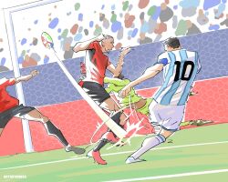  2026_fifa_world_cup argentina argentinian_flag argentinian_flag_print argentinian_national_soccer_team_uniform artist_name artsbynonso ball flag_print football_goal goal goalkeeper highres kicking lionel_messi multiple_boys outdoors signature soccer soccer_ball soccer_uniform sportswear twitter_username world_cup 
