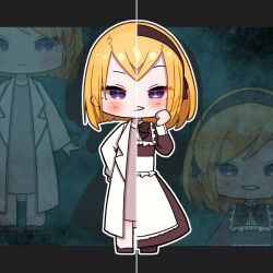  1boy 1girl apron barisol_no_kodomo_wa_hitorikko_(vocaloid) behemo_barisol black_bow black_bowtie black_dress black_hairband blonde_hair bow bowtie brother_and_sister chibi coat collared_coat collared_dress commentary_request crossdressing dress erifura evillious_nendaiki expressionless frills grey_dress hairband highres kagamine_len kagamine_rin lab_coat levia_barisol light_blush maid maid_apron maid_headdress open_clothes open_coat serious short_hair siblings smile swept_bangs trap twins violet_eyes vocaloid white_apron white_wrist_cuffs wrist_cuffs 