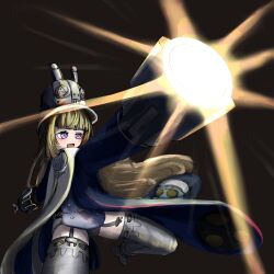  1girl absurdres black_background blonde_hair blue_jacket blush commentary firing garter_straps gloves grey_hat grey_helmet hat helmet highres jacket large_hat logs_77ir long_hair norma_hollowell open_mouth shako_cap simple_background solo thigh-highs untranslatable_commentary very_long_hair violet_eyes white_garter_straps white_gloves white_thighhighs zenless_zone_zero 