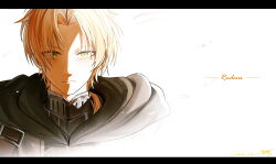  1boy absurdres black_border blonde_hair border character_name commentary cropped_shoulders curtained_hair dated green_eyes highres hood hood_down hooded_coat letterboxed looking_at_viewer male_focus mole mole_under_eye mushoku_tensei parted_bangs rudeus_greyrat signature simple_background solo straight-on white_background yisjhui 