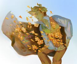  1boy absurdres artist_name blonde_hair closed_eyes commentary deltarune derivative_work english_commentary flower flowery_(deltarune) highres implied_decapitation injury ink-ami jojo_no_kimyou_na_bouken jojo_pose looking_to_the_side male_focus shirt utdr_(toby_fox) vento_aureo white_shirt yellow_flower 