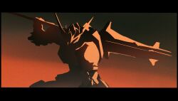  gradient_background gundam gundam_barbatos gundam_tekketsu_no_orphans highres holding holding_mace holding_weapon hyde_(tabakko) letterboxed limited_palette mace mecha mobile_suit no_humans over_shoulder robot silhouette v-fin weapon weapon_over_shoulder 