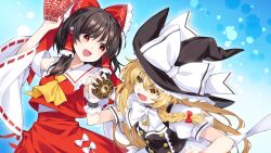  2girls absurdres apron ascot back_bow black_hat black_vest blonde_hair blue_background bow bowtie braid brown_hair detached_sleeves duel embellished_costume eye_contact frilled_bow frilled_hair_tubes frills game_asset hair_bow hair_tubes hakurei_reimu hat hat_bow highres hirano_katsuyuki holding holding_ofuda kirisame_marisa long_hair looking_at_another mini-hakkero multiple_girls non-web_source official_art ofuda open_mouth puffy_short_sleeves puffy_sleeves red_bow red_eyes red_skirt ribbon-trimmed_sleeves ribbon_trim self-datamine short_sleeves side_braid single_braid skirt skirt_set smile touhou touhou_spell_carnival vest waist_apron white_apron white_bow white_bowtie witch_hat yellow_ascot yellow_eyes 