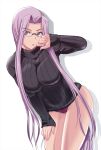  1girl breasts fate/stay_night fate_(series) female glasses kumoi_takashi large_breasts long_hair looking_at_viewer panties purple_hair purple_panties ribbed_sweater rider simple_background solo sweater turtleneck underwear very_long_hair white_background 