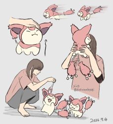  black_pants brown_hair cat_teaser closed_eyes holding holding_cat_teaser holding_pokemon honge_bunta pants petting pink_background pink_shirt pokemon pokemon_(creature) running shirt skitty smile swatting tail tail_wagging 