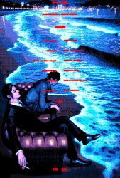  2boys beach black_hair black_jacket cigarette city_lights collared_shirt couch dithering facial_hair foaming_waves formal_clothes hair_slicked_back highres holding holding_cigarette jacket male_focus mature_male multiple_boys ocean original pants shirt shoes sitting stubble suit white_shirt zain 
