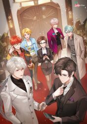  1girl 6+boys 707_(susanghan_messenger) :p adjusting_clothes adjusting_eyewear adjusting_necktie anniversary ascot belt black_hair black_jacket black_necktie black_pants black_shirt black_skirt black_vest blonde_hair blue_eyes blue_hair blue_shirt boutonniere brown_hair cellphone cheritz closed_mouth coat collared_shirt commentary cross cross_necklace dutch_angle english_commentary full_body glasses glint grey_coat grin hair_ornament han_jumin hand_in_pocket hand_on_own_chest headphones headphones_around_neck highres holding holding_phone jacket jewelry kang_jaehee kim_yoosung korean_commentary lanyard lapel_pin lapels long_hair long_sleeves looking_at_viewer low_ponytail mixed-language_commentary multiple_boys necklace necktie notched_lapels official_art open_clothes open_coat open_jacket open_shirt over-rim_eyewear pants pencil_skirt phone ponytail purple_jacket rectangular_eyewear red_eyes red_hair red_shirt semi-rimless_eyewear shirt short_hair skirt smartphone smile sparkle standing striped_clothes striped_shirt suit susanghan_messenger tongue tongue_out turtleneck undershirt unknown_(susanghan_messenger) v_(susanghan_messenger) very_long_hair vest violet_eyes white_ascot white_belt white_coat white_hair white_shirt wing_collar x_hair_ornament zen_(susanghan_messenger) 