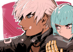  1boy 1girl black_jacket blue_eyes blue_hair blunt_bangs cigarette dark-skinned_male dark_skin gloves head_on_another's_shoulder highres hime_cut hug hug_from_behind jacket jinbei_(jinbei0608) k'_(kof) kula_diamond leather leather_jacket looking_at_another open_clothes open_collar open_jacket red_eyes the_king_of_fighters white_hair yellow_gloves 