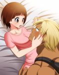 1boy 1girl bed_sheet blonde_hair blush breasts brown_eyes brown_hair gamagoori_ira hand_in_another&#039;s_hair hand_on_another&#039;s_head he_pu_pu hetero hug kill_la_kill looking_at_another mankanshoku_mako muscle open_mouth shirt short_hair size_difference 