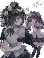  2girls absurdres bird_wings black_hair black_wings book brown_eyes brown_hair camera_flash cellphone flip_phone grey_background hat highres himekaidou_hatate holding holding_book holding_pen looking_at_another multiple_girls one_eye_closed open_mouth pen phone shameimaru_aya shirt short_sleeves tokin_hat touhou twintails veilofthe_abyss white_shirt wings 