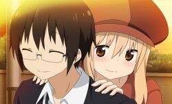  1boy 1girl black-framed_eyewear black_hair black_jacket blonde_hair blush brother_and_sister brown_eyes closed_eyes closed_mouth collared_shirt doma_taihei doma_umaru game_asset glasses hands_on_another's_shoulders hat himouto!_umaru-chan himouto!_umaru-chan_himouto_ikusei_keikaku hood hood_down hoodie jacket long_hair looking_at_another newsboy_cap non-web_source official_art outdoors portrait red_hat red_hoodie self-datamine semi-rimless_eyewear shirt short_hair siblings smile standing sunset under-rim_eyewear white_shirt 