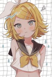  1girl :t annoyed bare_shoulders black_sailor_collar blonde_hair bow breasts commentary_request hair_bow hair_ornament hairclip highres kagamine_rin looking_at_viewer midriff neckerchief onemubot parallel_hairclips pout sailor_collar shirt short_hair sleeveless sleeveless_shirt small_breasts treble_clef vocaloid white_bow white_shirt yellow_neckerchief yellow_trim 