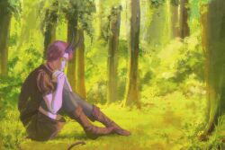  1girl belt black_belt black_choker black_horns black_thighhighs boots brown_boots brown_dress choker closed_eyes closed_mouth collared_dress colored_skin commentary demi_(lunacid) demon_horns demon_tail dress english_commentary forest from_side full_body grass hands_on_own_knee head_on_hands highres horns knees_up light_smile lips lunacid mai_dang_shu_lao_lao nature nose on_ground own_hands_together puffy_short_sleeves puffy_sleeves purple_hair purple_skin purple_tail short_hair short_sleeves sitting solo spoilers tail thigh-highs 