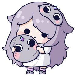  1girl :> :< blush_stickers chibi chibi_only closed_mouth commentary forehead_jewel full_body gem grey_slippers hair_flaps holding holding_stuffed_toy hololive hololive_english koseki_bijou koseki_bijou_(pebble_pajamas) long_hair mask mask_on_head oversized_clothes oversized_shirt pebble_(koseki_bijou) phdpigeon pink_socks shirt short_sleeves sleep_mask slippers socks solid_circle_eyes solo standing striped_clothes striped_socks stuffed_toy transparent_background very_long_hair virtual_youtuber white_shirt white_socks 