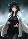  1girl black_dress black_hair breasts crossed_arms dress female fubuki_(one-punch_man) green_eyes highres jacket_on_shoulders large_breasts looking_at_viewer one-punch_man short_hair siraha smile solo 