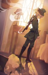  1girl amulet bedroom blonde_hair blue_eyes boots clenched_hand commentary english_commentary firing gun hat highres holding holding_gun holding_weapon indoors military_uniform shadow short_hair solo sonatapolariss tanya_degurechaff weapon youjo_senki 