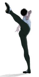  1boy ballet ballet_slippers black_hair black_pants black_shoes commentary_request highres katsuki_yuri liam_yoi male_focus outstretched_arms outstretched_leg pants shirt shoes short_hair short_sleeves simple_background solo standing standing_on_one_leg white_background white_shirt yuri!!!_on_ice 