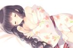  1girl black_hair bottomless braid closed_eyes japanese_clothes kantai_collection kimono kitakami_(kantai_collection) komi_zumiko long_hair lying sleeping solo yukata 