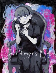  1girl antique_phone black_dress black_hairband braid breasts chair collared_dress colorful_background commentary_request copyright_name cowboy_shot crying dot_nose dress facing_viewer furrowed_brow greyscale hairband hands_up highres holding holding_phone kamioto_musu long_hair long_skirt looking_at_phone mary_(schrodinger's_call) monochrome on_chair partially_colored phone puffy_short_sleeves puffy_sleeves raised_inner_eyebrows sad schrodinger's_call short_sleeves sitting skirt small_breasts talking_on_phone tearing_up tears twin_braids twitter_username 