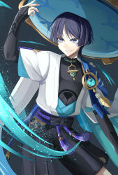  1boy anemo_symbol_(genshin_impact) aqua_gem arm_at_side armor belt black_belt black_bodysuit black_bow black_bridal_gauntlets black_hair black_shorts blue_cape blue_hat blue_jingasa blue_kimono blue_sleeves blunt_ends bodysuit bow bridal_gauntlets bright_pupils cape clothing_cutout commentary covered_collarbone eyeliner feathers furisode gem genshin_impact gold gold_ring hakama hakama_shorts hand_up hat highres hip_vent japanese_armor japanese_clothes jingasa juban kimono kote kurokote layered_sleeves looking_to_the_side makeup male_focus mandala mandarin_collar middle_ring natumemadara1 open_clothes open_kimono parted_lips pleated_shorts pom_pom_(clothes) purple_rope purple_sash red_eyeliner rope sash scaramouche_(genshin_impact) short_sleeves shorts shoulder_peek side_cape signature smirk solo tassel tsurime violet_eyes vision_(genshin_impact) wanderer_(genshin_impact) white_kimono white_mouth white_pupils white_sleeves white_trim wind wispy_bangs yellow_feathers 