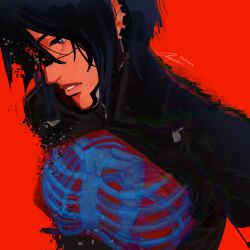  1girl android black_hair blue_eyes commentary cwroxn elster_(signalis) exposed_bone glitch highres one_eye_covered parted_lips red_background ribs short_hair signalis signature simple_background skin_seams solo untranslatable_commentary upper_body 