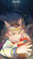  1girl absurdres age_progression aged_down ahoge animal_ears blue_eyes blue_sailor_collar brooch ear_ornament eye_trail grey_hair grin hair_between_eyes hairband highres horse_ears horse_girl horse_tail jacket jewelry light_trail long_hair long_sleeves multicolored_hair neckerchief oguri_cap_(starlight_beat)_(umamusume) oguri_cap_(umamusume) pleated_skirt red_neckerchief running sailor_collar shirt sitting skirt smile snorezu star_brooch tail teeth umamusume umamusume:_cinderella_gray white_jacket white_shirt 