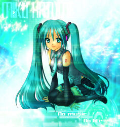  1girl aqua_background aqua_eyes aqua_hair aqua_necktie aqua_theme arm_support black_boots black_skirt boots character_name commentary_request detached_sleeves english_text full_body grey_shirt hatsune_miku headphones kneeling kochomi leaning_forward looking_at_viewer microphone miniskirt necktie shirt skirt sleeveless sleeveless_shirt smile solo star_(symbol) thigh_boots tie_clip twintails vocaloid wide_sleeves wing_collar 