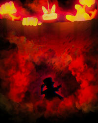  1boy artist_name brick_wall chromatic_aberration dynamax extra_arms gigantamax gigantamax_machamp glowing glowing_eyes glowing_hands hand_on_headwear highres jamiewilsondraws machamp making-of_available parody pointing pokemon pokemon_(creature) pokemon_focus pokemon_red/green/blue/yellow red_(pokemon) shingeki_no_kyojin silhouette 