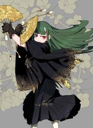  1girl absurdres black_gloves black_hakama black_kimono blunt_bangs blush commentary_request dancing dress floating_hair floral_background floral_print floral_print_kimono flower folding_fan giant_ojou-sama gloves grey_background hair_ornament hakama hakama_skirt hand_fan highres holding holding_fan horn_ornament horns japanese_clothes kimono long_hair midori_(giant_ojou-sama) nikukaiq official_art print_kimono promotional_art red_eyes ringed_eyes skirt smile solo wide_sleeves yellow_flower 