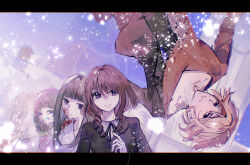  2boys 3girls absurdres age_progression aged_down allknny black_cardigan black_hair black_jacket black_ribbon blonde_hair blood blood_on_clothes blood_on_face breasts brown_eyes brown_shirt cardigan clock clock_tower drill_hair drill_sidelocks fading falling floating_hair frilled_cardigan fuyukawa_kokoro glitch highres jacket landscape letterboxed long_hair medium_breasts medium_hair multiple_boys multiple_girls neck_ribbon remember11 ribbon shirt short_hair sidelocks smile snow suzukage_hotori tower upside-down violet_eyes white_shirt yuukidou_satoru yuukidou_sayaka 