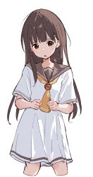  1girl absurdres artist_request black_hair brown_eyes brown_sailor_collar brown_serafuku clenched_hands commentary_request cropped_legs dress highres long_hair looking_at_viewer make_heroine_ga_oo_sugiru! momozono_junior_high_school_uniform neckerchief nukumizu_kaju open_mouth sailor_collar sailor_dress school_uniform serafuku short_sleeves simple_background solo summer_uniform white_background white_dress yellow_neckerchief 