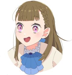  1girl :d ascot blue_ascot braid brown_hair center-flap_bangs commentary_request cropped_shoulders facing_viewer hana_sakeba_yume_kakeru highres jacket kachimachi_kosuzu long_hair looking_ahead love_live! love_live!_hasu_no_sora_jogakuin_school_idol_club love_live!_hasu_no_sora_jogakuin_school_idol_club_bloom_garden_party open_mouth pink_eyes shirane_nanimo side_braids simple_background smile solo virtual_youtuber white_background white_jacket 