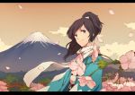  1boy androgynous aqua_eyes bridge clouds flower forest hair_ribbon highres japanese_clothes looking_to_the_side mole nature pagoda personification petals ribbon scenery solo touken_ranbu volcano xinuo223 yamato-no-kami_yasusada 