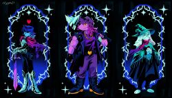  1boy 1girl 1other armor artist_name axe black_vest blue_hair blue_skin closed_mouth colored_skin commentary deltarune english_commentary floppy_ears green_hat green_robe hand_on_weapon hat highres holding holding_axe holding_sword holding_weapon kejiyaa21 kris_(dark_world)_(deltarune) kris_(deltarune) looking_at_viewer over_shoulder own_hands_together pink_hair pink_scarf ralsei ralsei_(hat) red_soul_(utdr) robe scarf shoulder_spikes smile soul_(utdr) spikes susie_(dark_world)_(deltarune) susie_(deltarune) sword twitter_username utdr_(toby_fox) vest weapon weapon_over_shoulder 