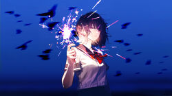  1girl absurdres black_sailor_collar breasts commentary_request expressionless fireworks highres holding holding_fireworks looking_at_viewer medium_breasts mogamigawa_(mwft8758) motion_blur neck_ribbon original purple_hair red_ribbon ribbon sailor_collar sailor_shirt shirt short_hair short_sleeves simple_bird solo violet_eyes white_shirt 