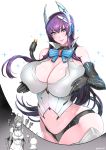  1girl bare_shoulders black_gloves blue_eyes breasts cleavage curvy elbow_gloves fei_(maidoll) gloves hammer headgear highres huge_breasts long_hair looking_at_viewer parted_lips phantasy_star phantasy_star_online_2 plug purple_hair smile thought_bubble wide_hips 