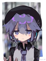  1girl beret black_hat blurry blurry_background border closed_mouth collared_shirt commentary_request hand_up hat headset highres looking_at_viewer mizuna_(327) necktie outside_border purple_hair purple_necktie shirt solo utane_uta utau violet_eyes white_border 