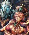  1girl armlet bare_shoulders blue_eyes blurry blush breasts brown_eyes cleavage crown demon_girl demon_wings depth_of_field female fingernails highres horns large_breasts long_fingernails long_hair looking_at_viewer outstretched_arm parted_lips pointy_ears puzzle_&amp;_dragons redhead scarlet_(p&amp;d) sho_(shoichi-kokubun) skull solo third_eye upper_body wings 